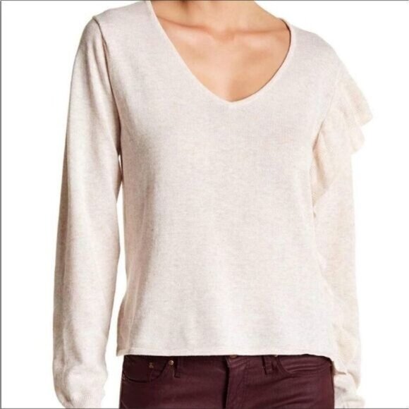 John + Jenn Anthro Womens Light Sweater Top Ruffle XS Ivory Birch Wool Blend - Picture 1 of 8